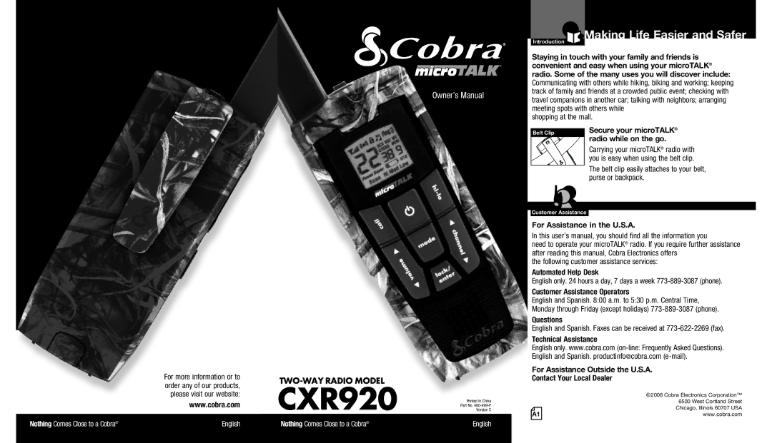 Cobra Digital CXR920 owner manual Making Life Easier and Safer, Radio while on the go, For Assistance in the U.S.A 