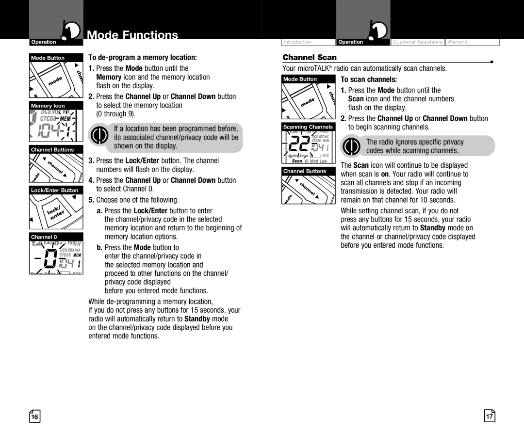 Cobra Digital CXR920 To de-program a memory location Press the Mode button until, Channel Scan, To scan channels 