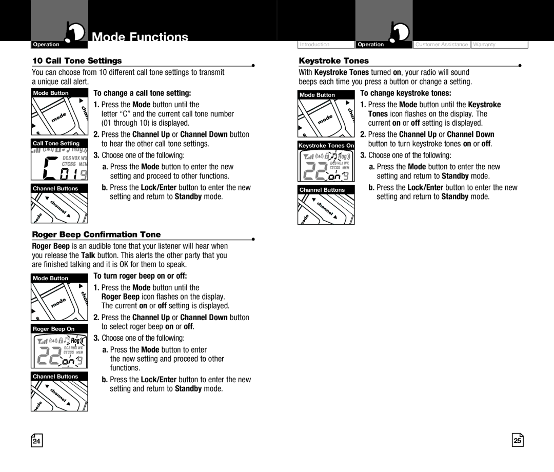 Cobra Digital CXR920 owner manual Call Tone Settings, Unique call alert, Roger Beep Confirmation Tone 