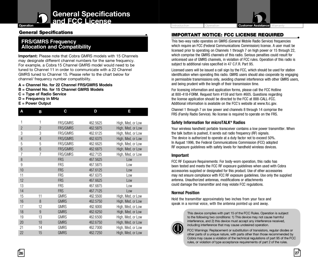 Cobra Digital CXR920 General Specifications FCC License, Safety Information for microTALK Radios, Normal Position 