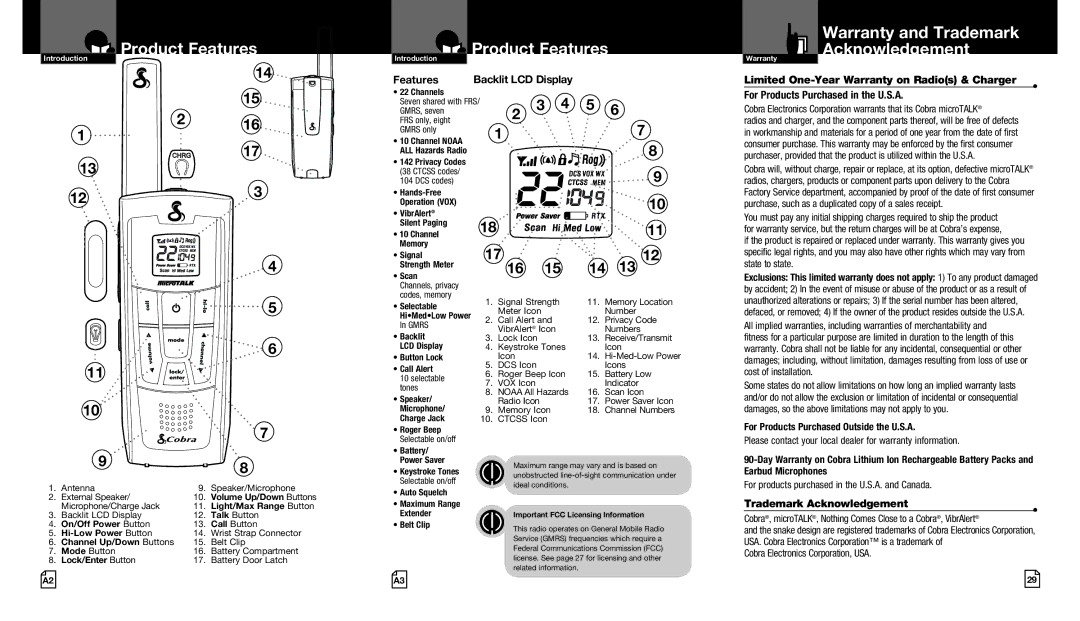 Cobra Digital CXR920 owner manual Product Features, Warranty and Trademark Acknowledgement 