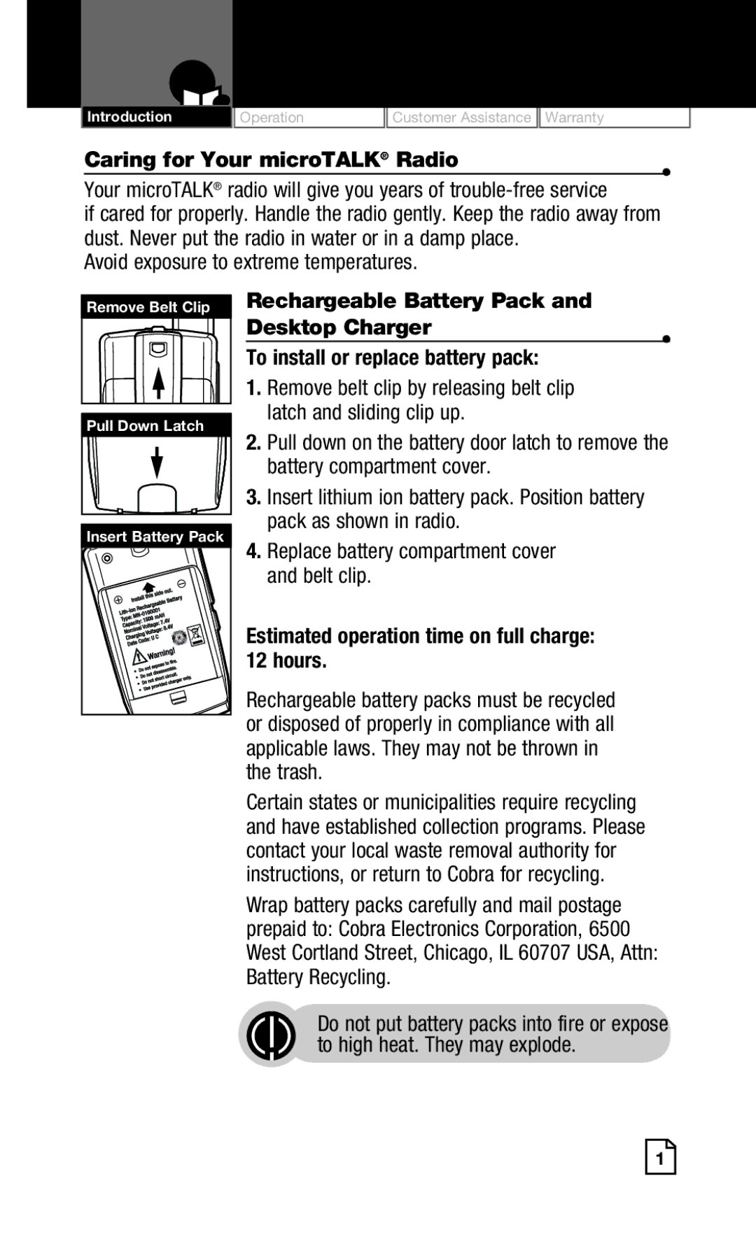 Cobra Digital CXR920 owner manual Caring for Your microTALK Radio, Avoid exposure to extreme temperatures 