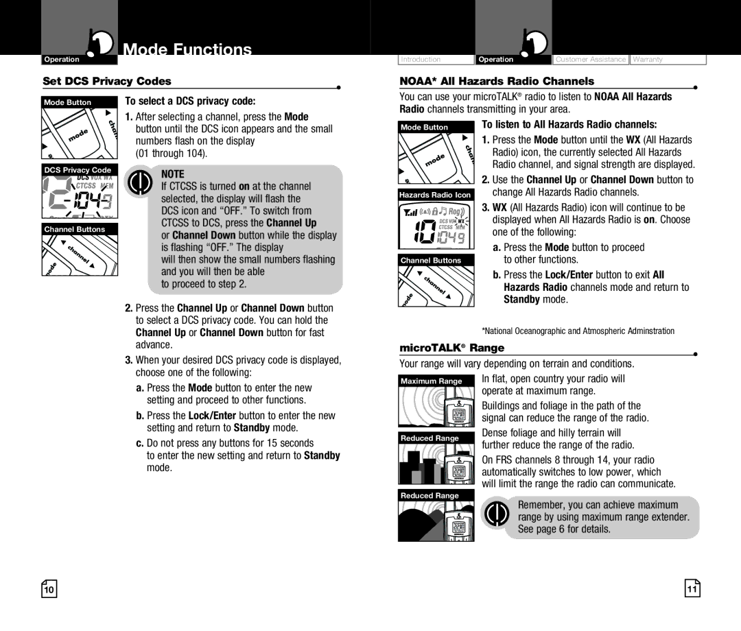 Cobra Digital CXR920 owner manual Set DCS Privacy Codes, NOAA* All Hazards Radio Channels, MicroTALK Range 