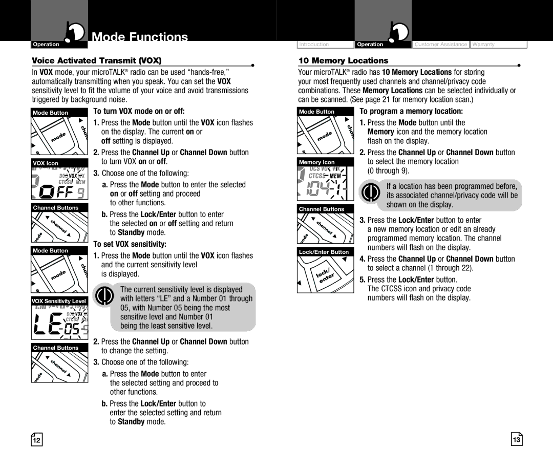 Cobra Digital CXR920 owner manual Voice Activated Transmit VOX, Memory Locations 