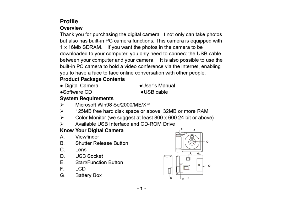 Cobra Digital DC125 manual Profile, Overview, Product Package Contents, System Requirements, Know Your Digital Camera 