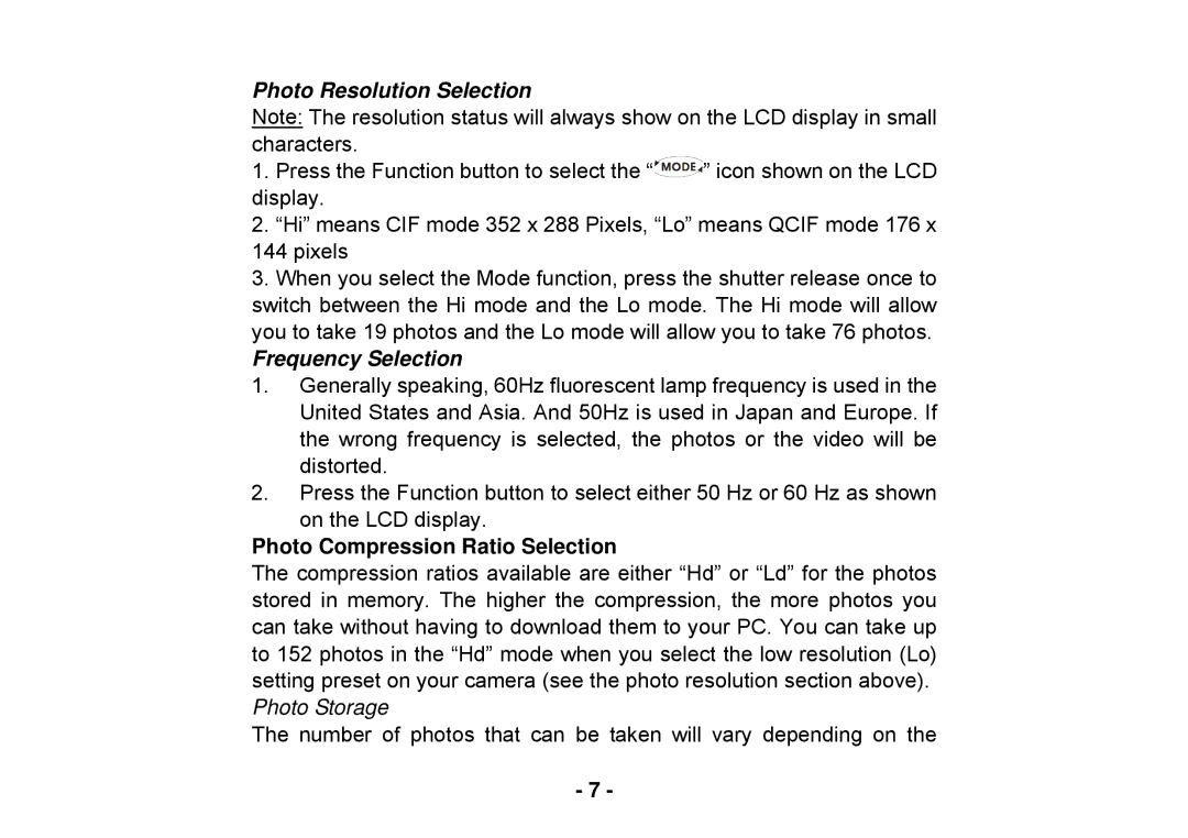 Cobra Digital DC125 manual Photo Resolution Selection, Frequency Selection, Photo Compression Ratio Selection 