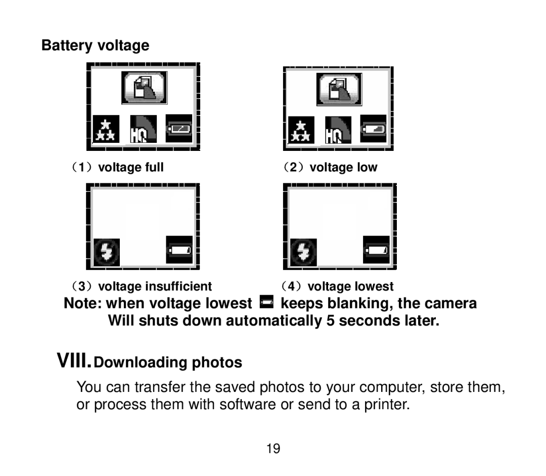 Cobra Digital DC4200 user manual Battery voltage, VIII.Downloading photos 