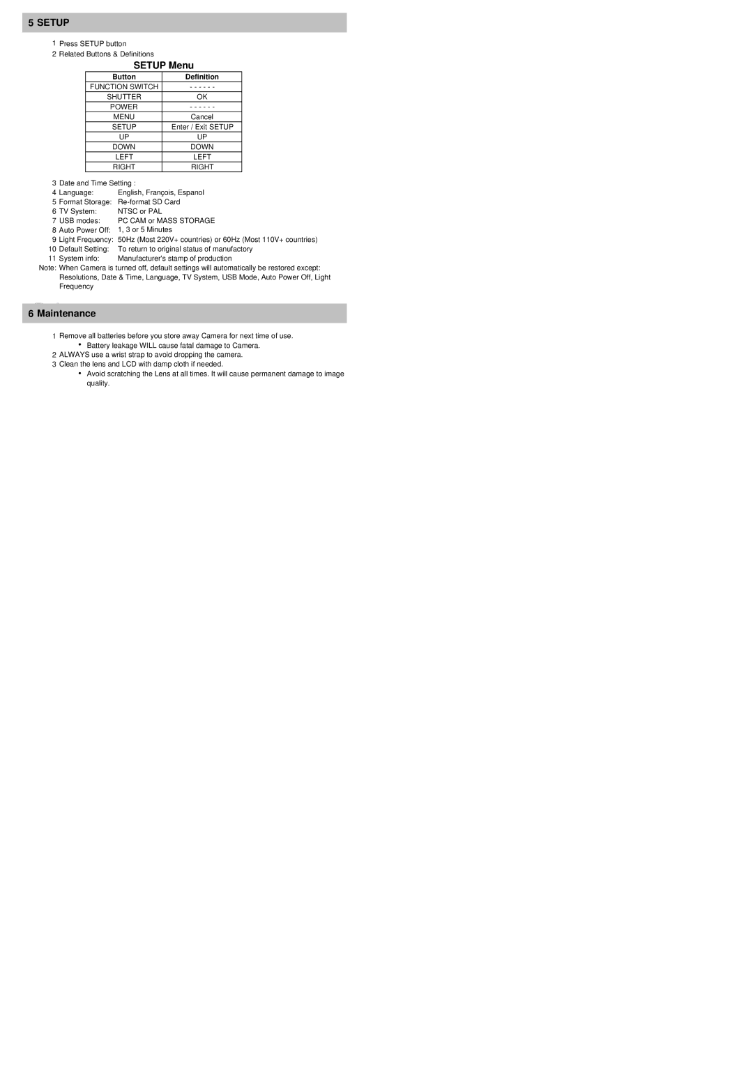 Cobra Digital DC5500 user manual Setup Menu 