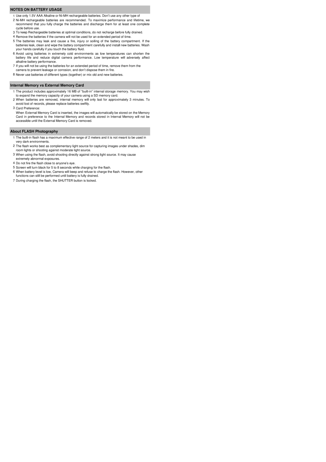 Cobra Digital DC5500 user manual Internal Memory vs External Memory Card, About Flash Photography 