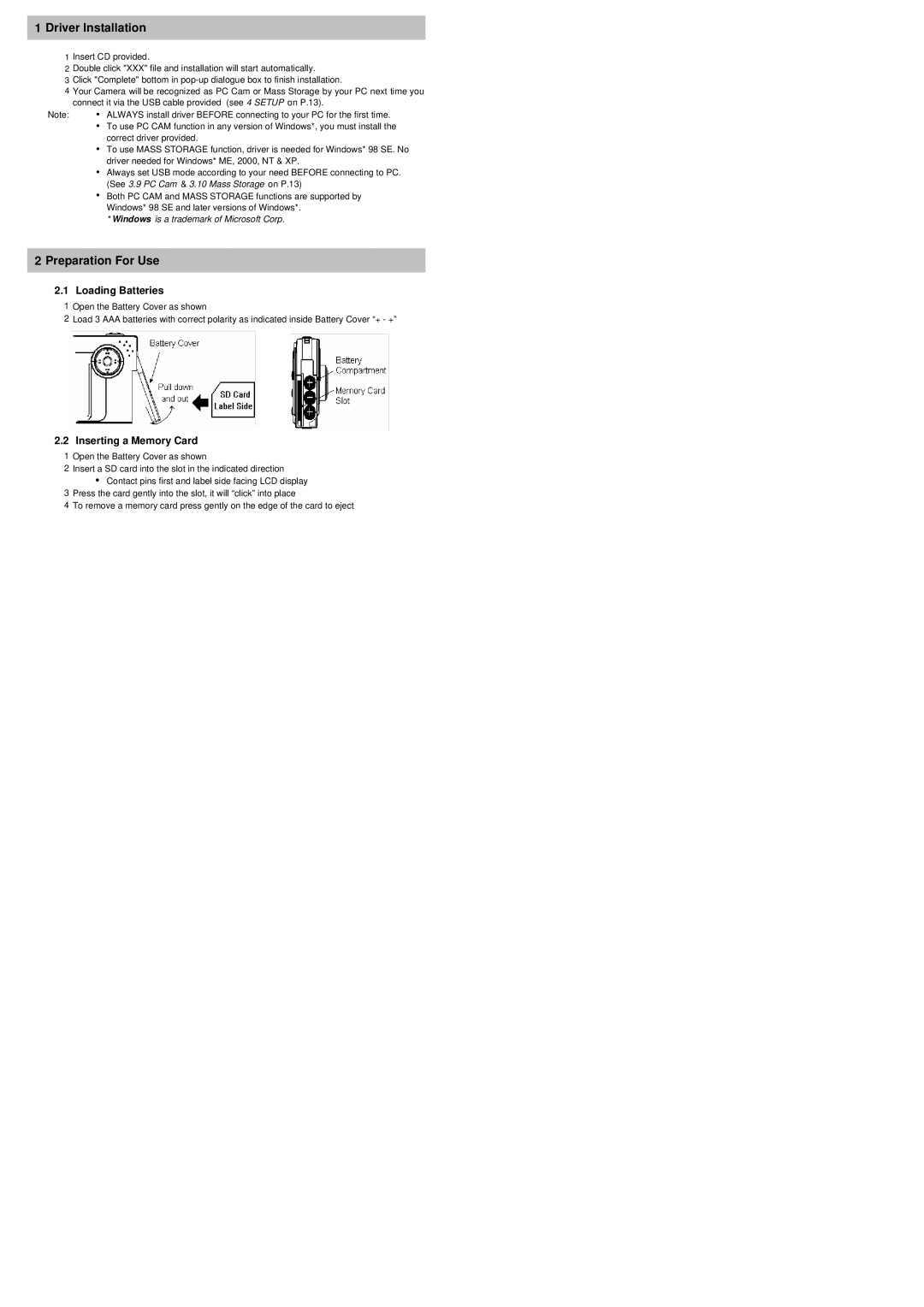 Cobra Digital DC5500 user manual Driver Installation, Preparation For Use, Loading Batteries 