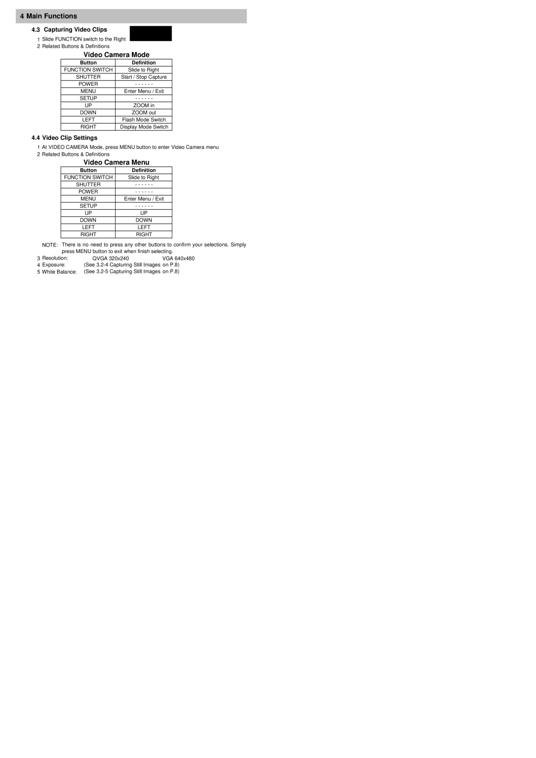 Cobra Digital DC5500 user manual Video Camera Mode, Video Camera Menu 