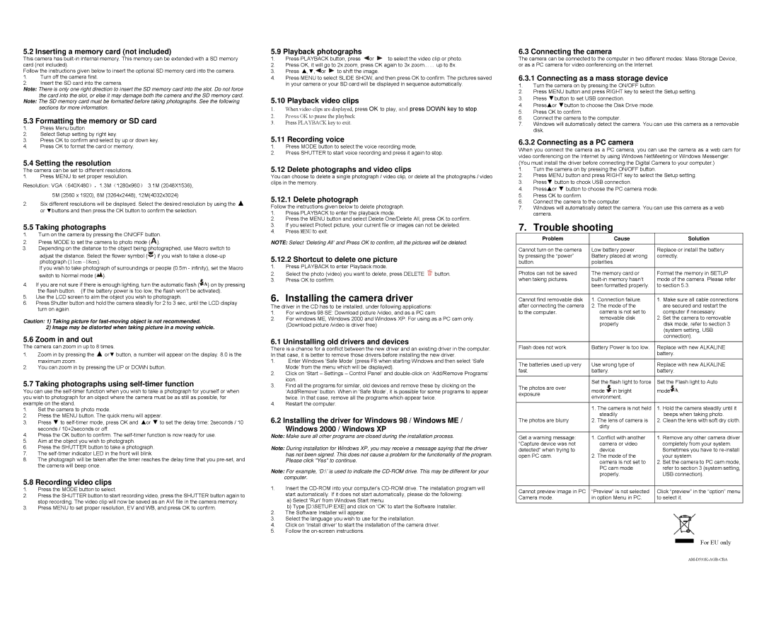 Cobra Digital DC8000, AM-D531K-AGB-CBA instruction manual Installing the camera driver, Trouble shooting 