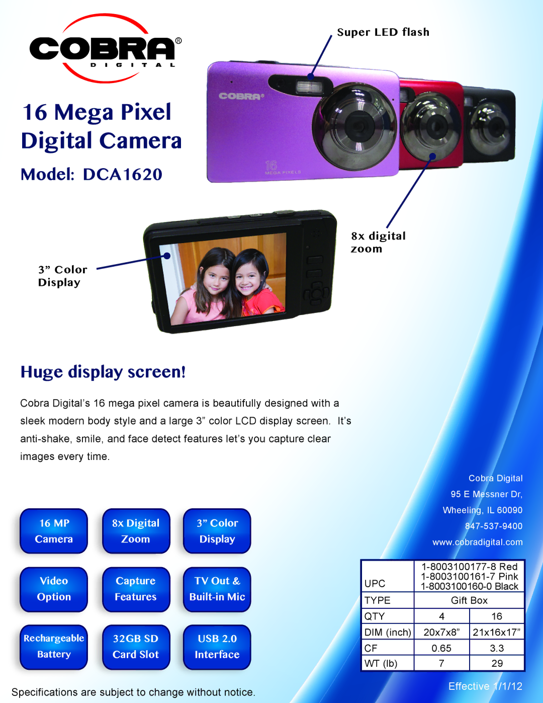Cobra Digital specifications Mega Pixel Digital Camera, Model DCA1620, Huge display screen, 32GB SD 