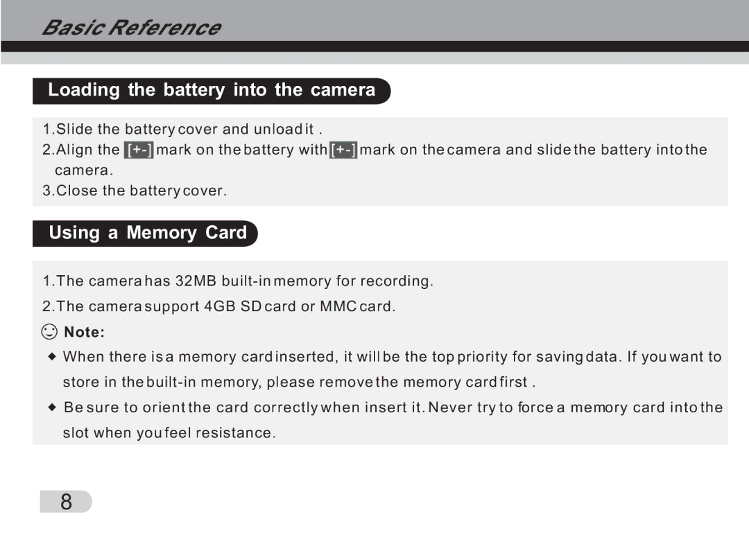 Cobra Digital DVC3300 manual Loading the battery into the camera, Using a Memory Card 