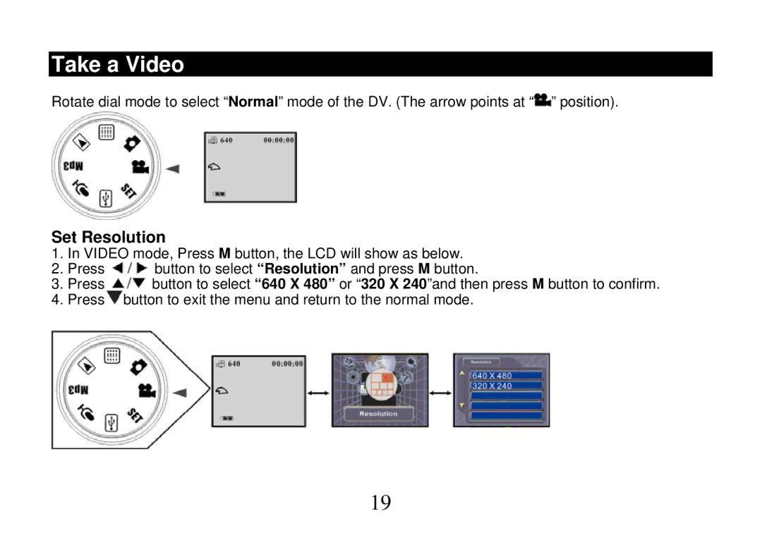 Cobra Digital DV500, DVC5200 manual Take a Video, Setup the parameter Set Resolution 