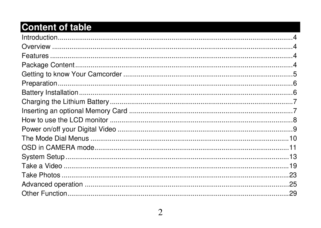 Cobra Digital DVC5200, DV500 manual Content of table 