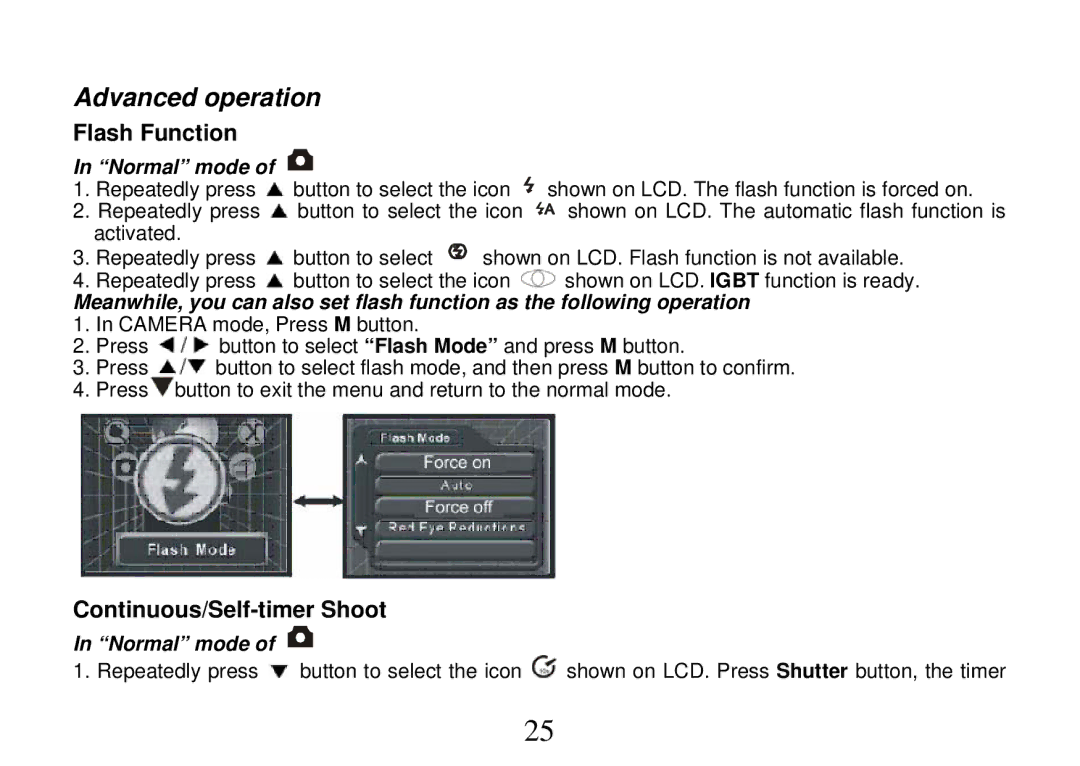 Cobra Digital DV500, DVC5200 manual Advanced operation, Flash Function, Continuous/Self-timer Shoot 