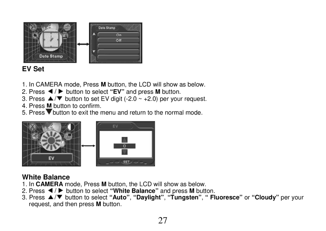 Cobra Digital DV500, DVC5200 manual EV Set, White Balance 