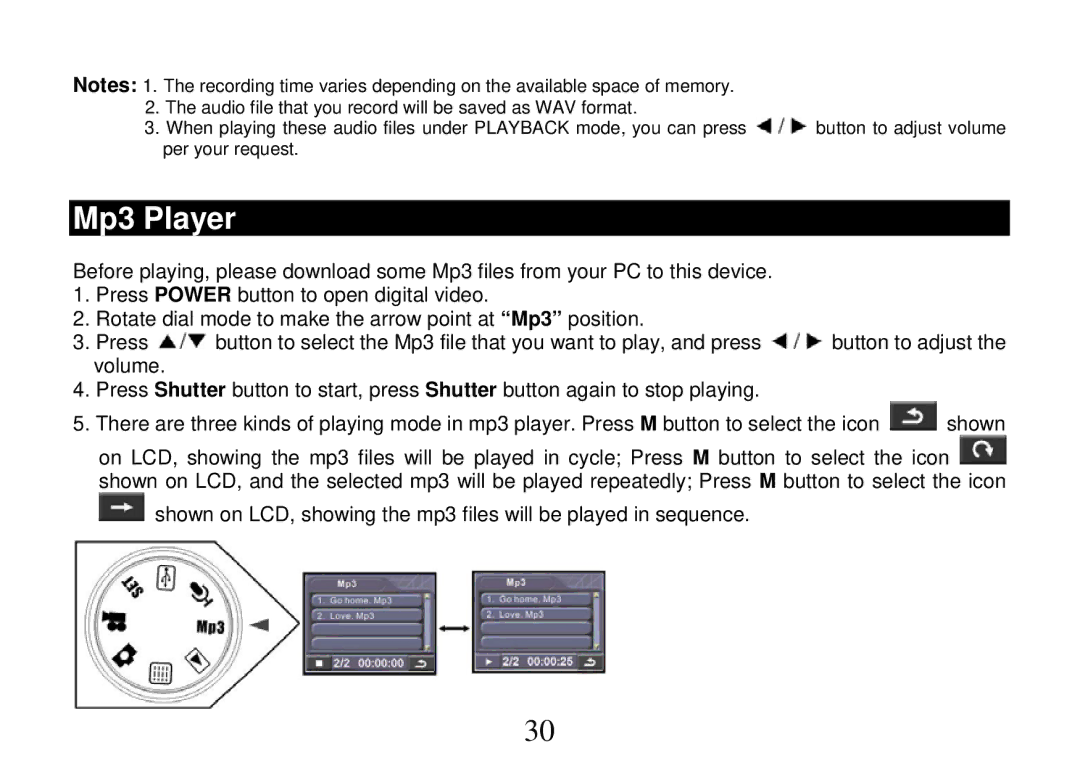 Cobra Digital DVC5200, DV500 manual Mp3 Player 