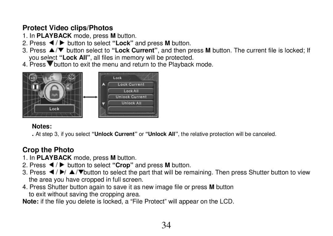 Cobra Digital DVC5200, DV500 manual Protect Video clips/Photos, Crop the Photo 