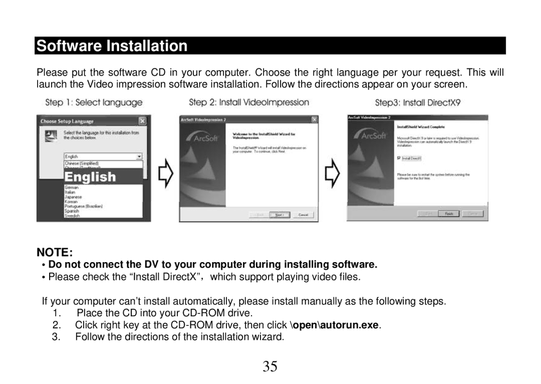 Cobra Digital DV500, DVC5200 manual Software Installation 