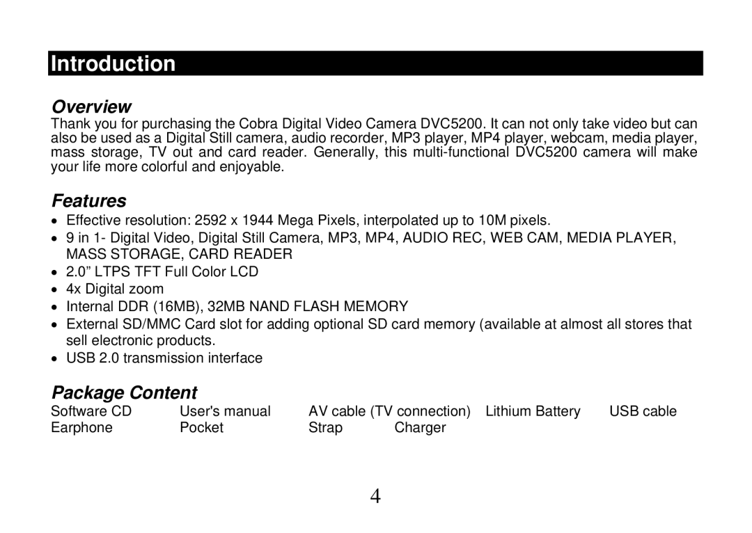 Cobra Digital DVC5200, DV500 manual Introduction, Overview, Features, Package Content 