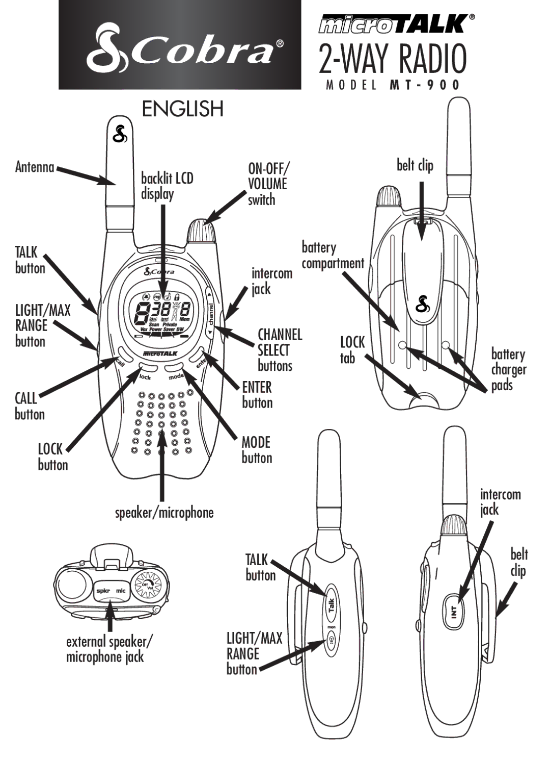 Cobra Digital MT-900 manual Intercom compartment jack, Talk button, Lock button, Belt clip 