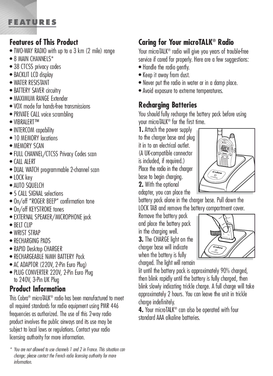 Cobra Digital MT-900 Features of This Product, Product Information, Caring for Your microTALK Radio, Recharging Batteries 