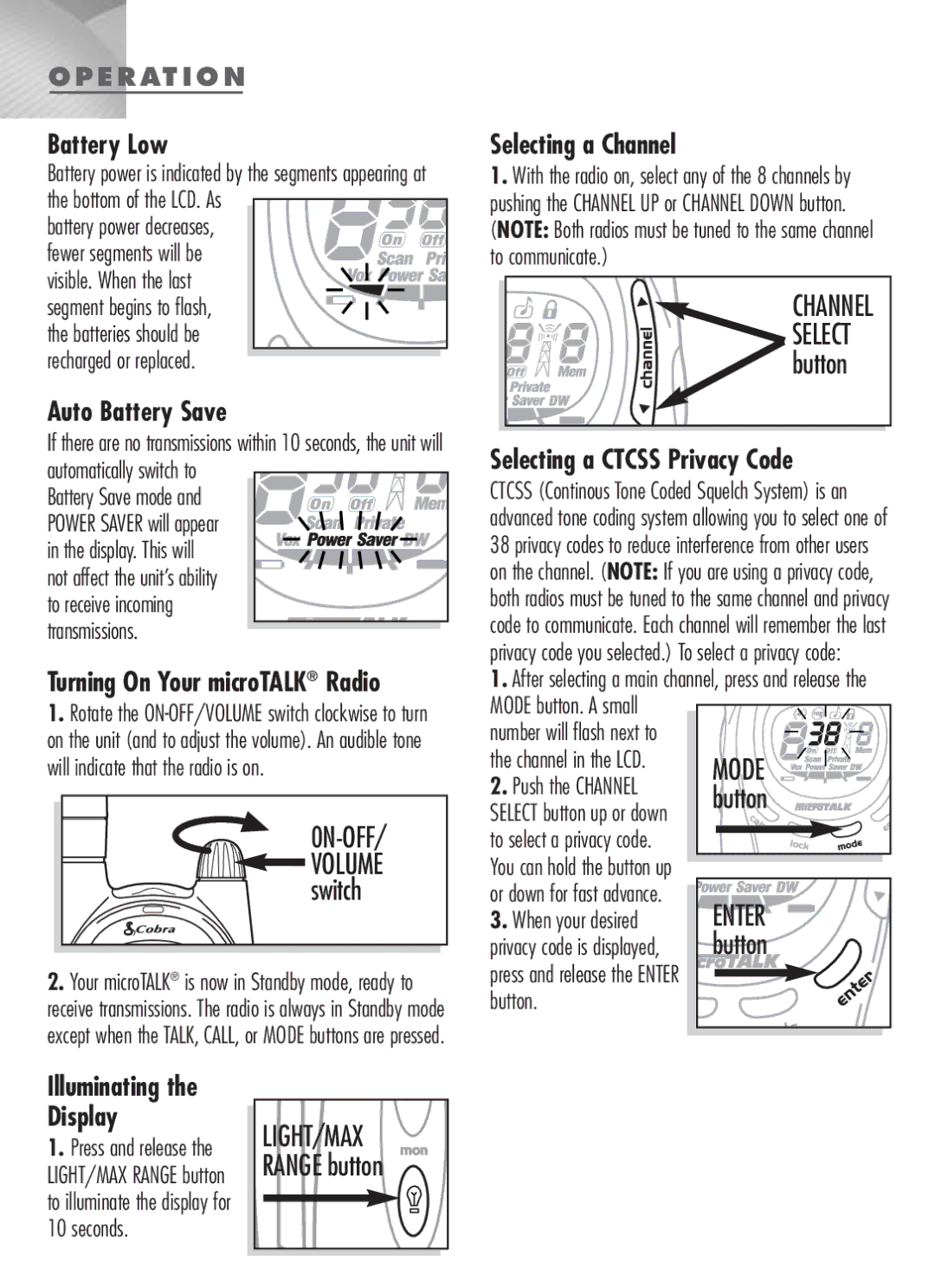 Cobra Digital MT-900 manual Battery Low, Auto Battery Save, Selecting a Channel, Selecting a Ctcss Privacy Code 