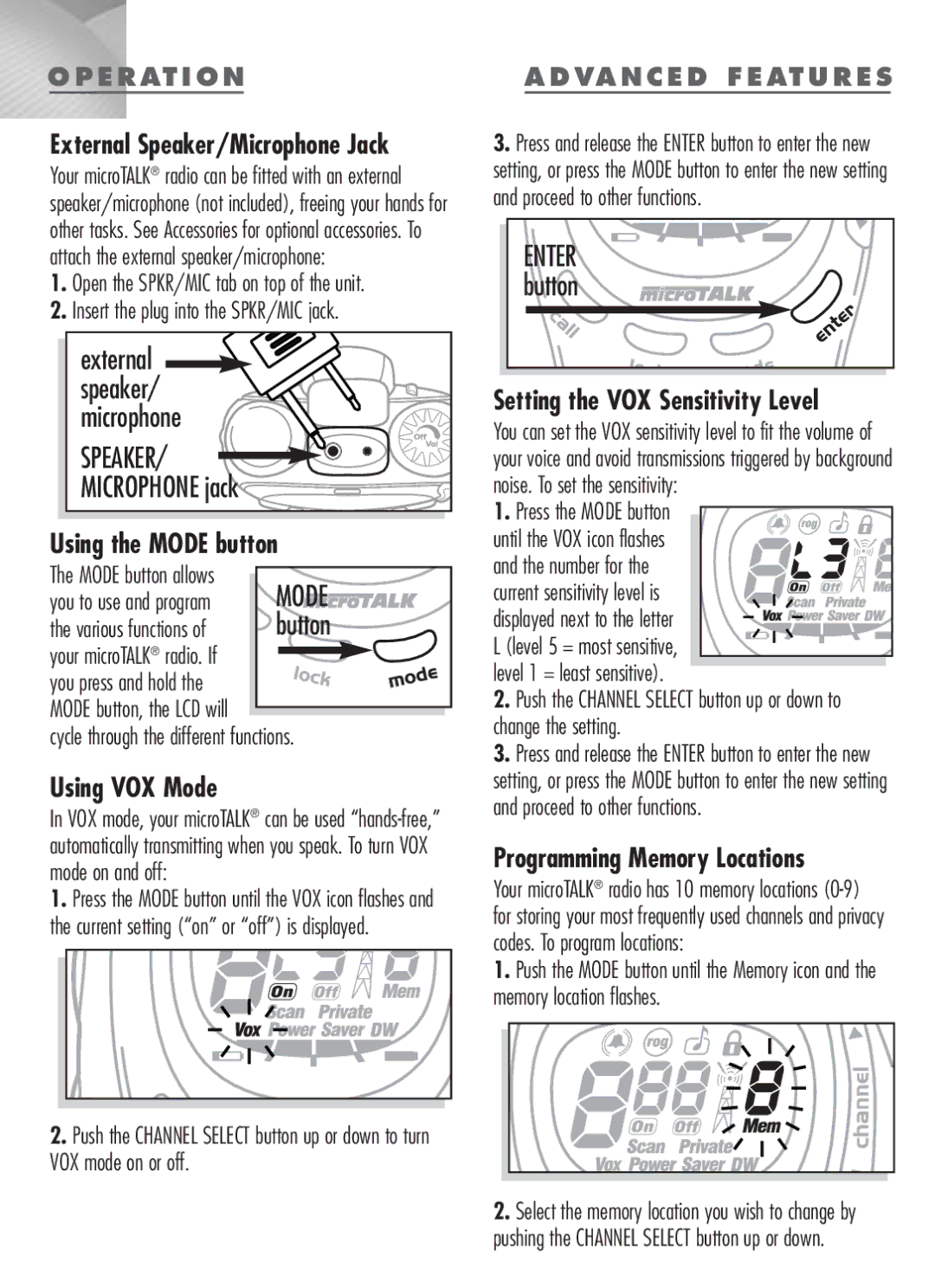 Cobra Digital MT-900 manual Using the Mode button, Using VOX Mode, Setting the VOX Sensitivity Level 