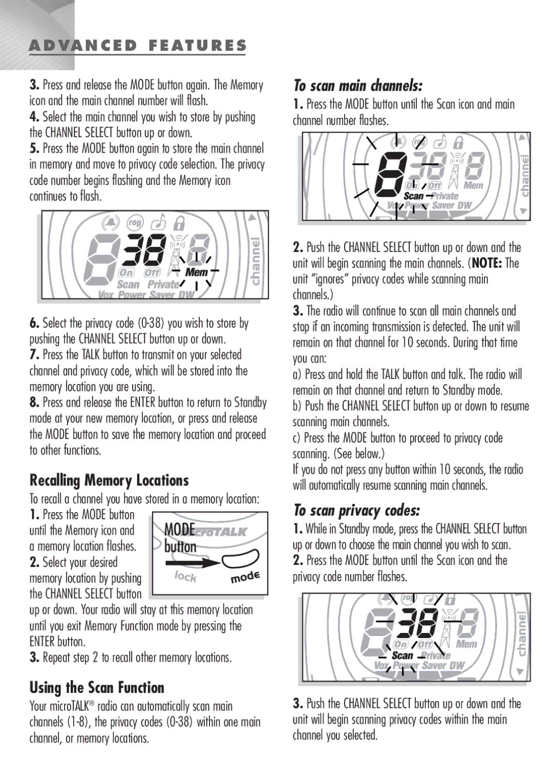 Cobra Digital MT-900 manual Recalling Memory Locations, Using the Scan Function, Select your desired 