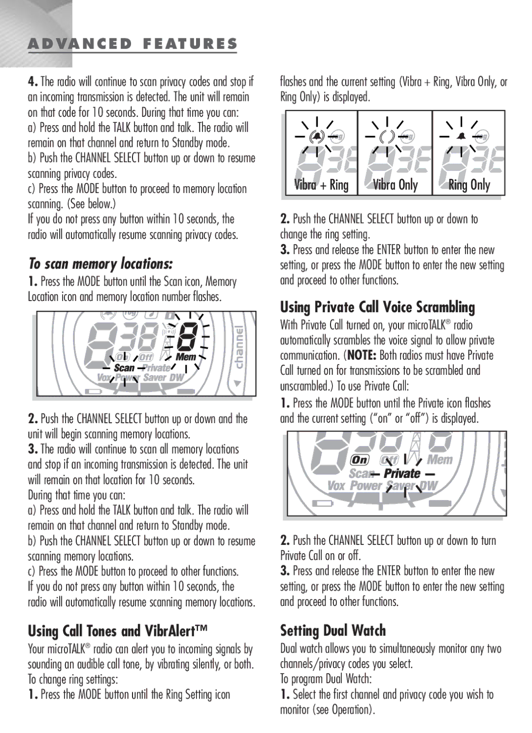 Cobra Digital MT-900 manual Using Call Tones and VibrAlert, Setting Dual Watch, Using Private Call Voice Scrambling 