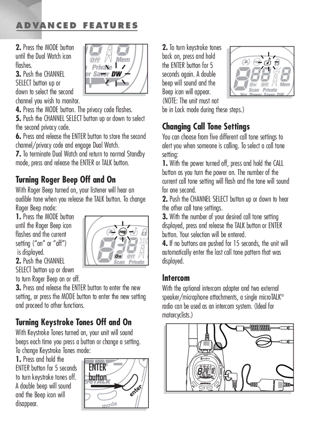 Cobra Digital MT-900 manual Turning Roger Beep Off and On, Changing Call Tone Settings, Intercom 