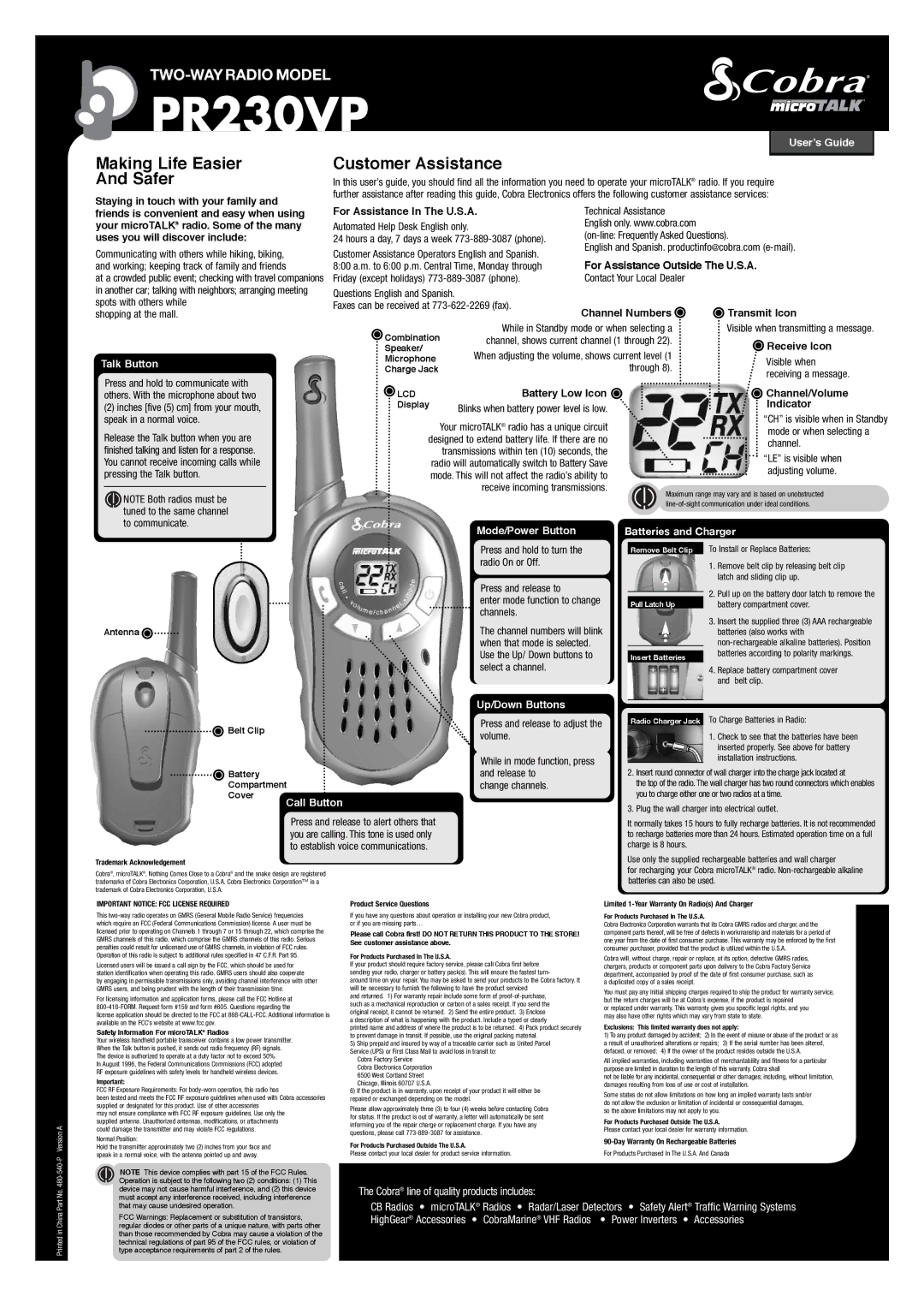 Cobra Digital PR230VP warranty User’s Guide, Talk Button, Mode/Power Button, Up/Down Buttons Batteries and Charger 