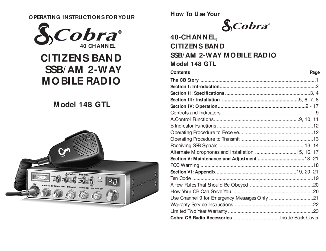 Cobra Electronics 148 GTL operating instructions Citizens Band SSB/AM 2-WAY Mobile Radio 