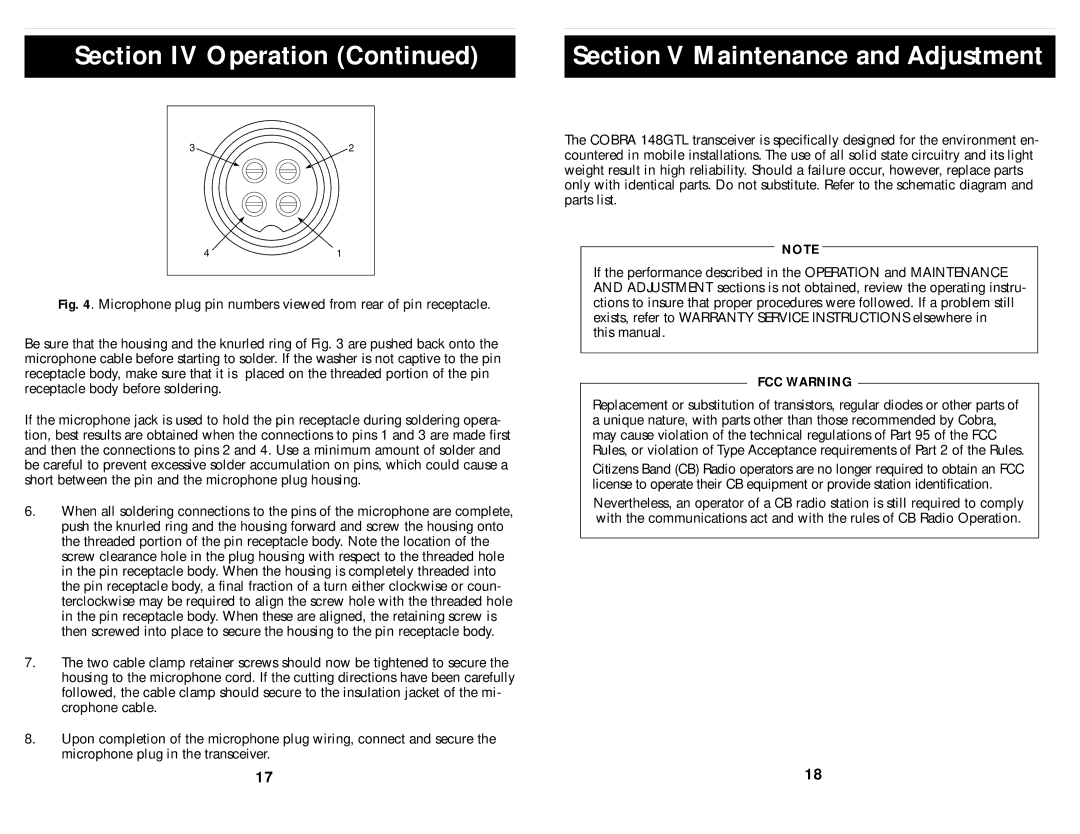 Cobra Electronics 148 GTL operating instructions Section IV Operation, FCC Warning 