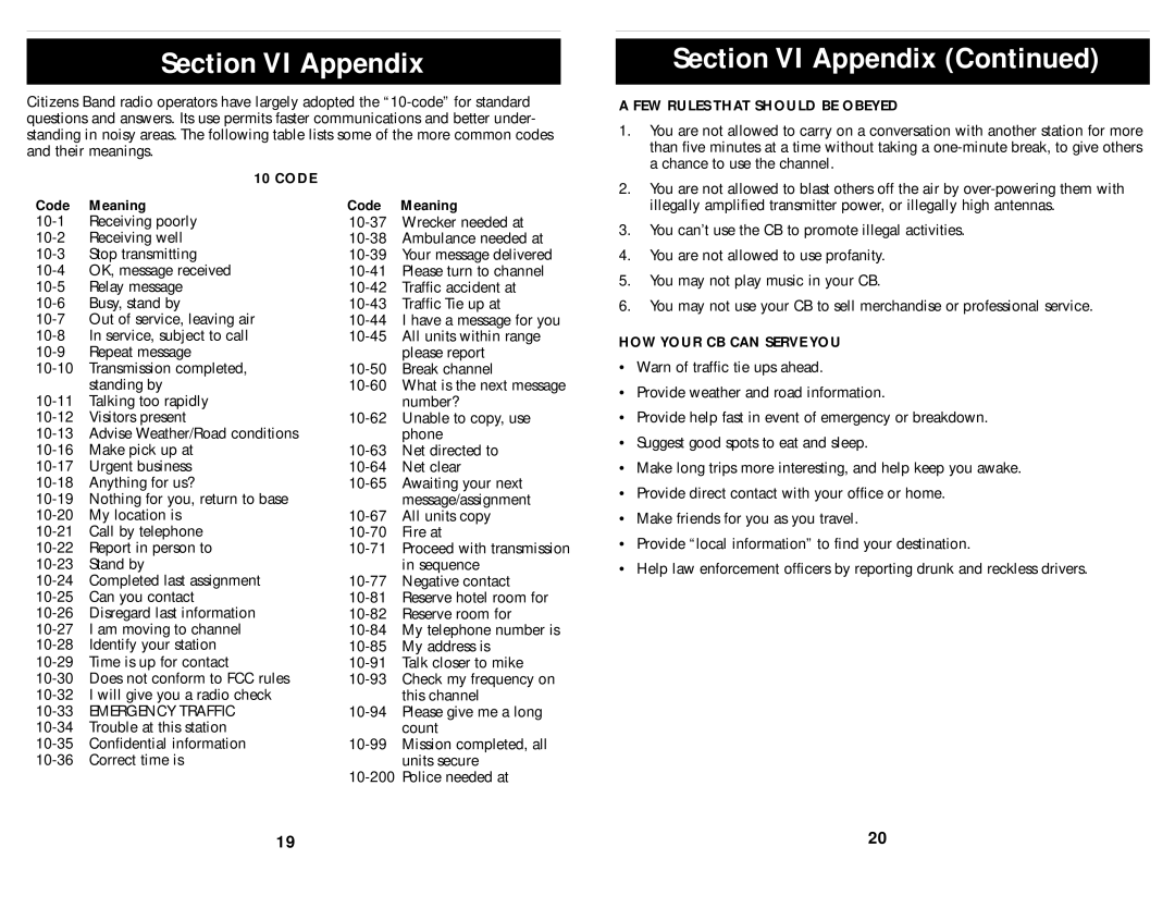 Cobra Electronics 148 GTL operating instructions Section VI Appendix, FEW Rules That should be Obeyed, Code Meaning 