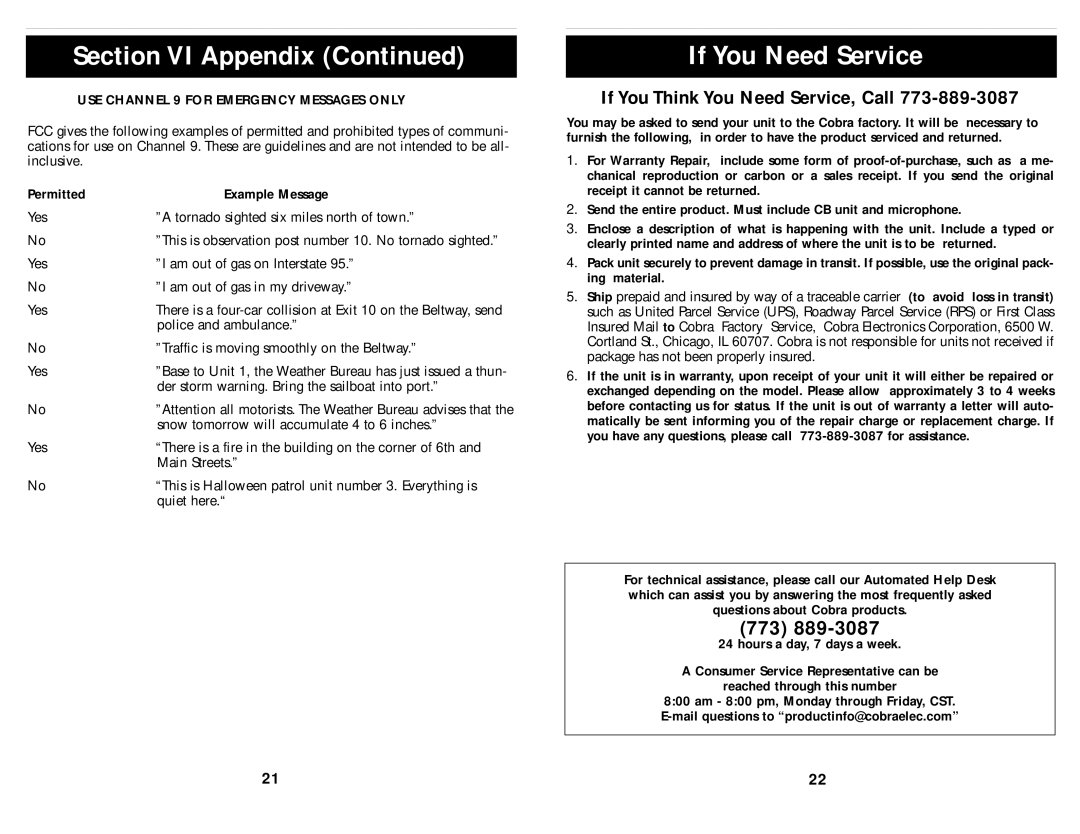 Cobra Electronics 148 GTL If You Need Service, USE Channel 9 for Emergency Messages only, Permitted Example Message 