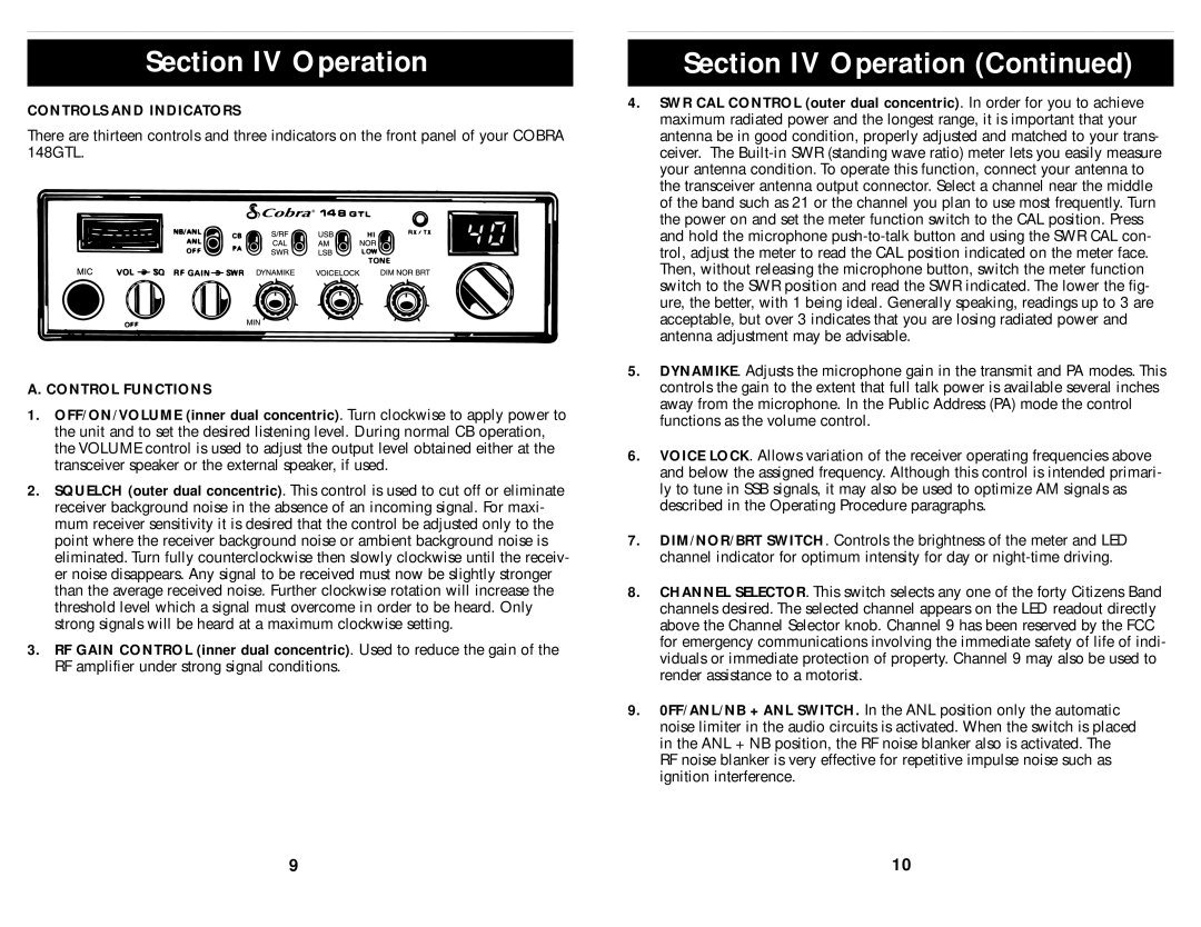 Cobra Electronics 148 GTL operating instructions Section IV Operation, Controls and Indicators, Control Functions 