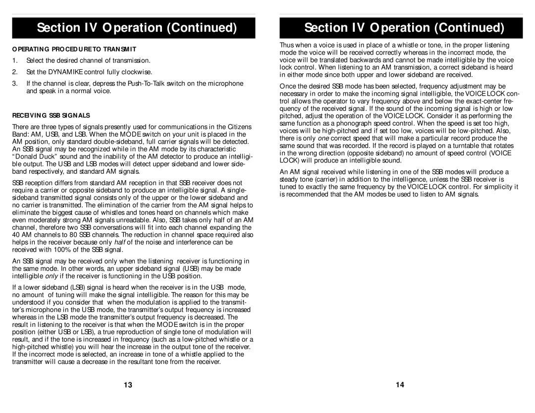 Cobra Electronics 148 GTL operating instructions Operating Procedure to Transmit, Receiving SSB Signals 