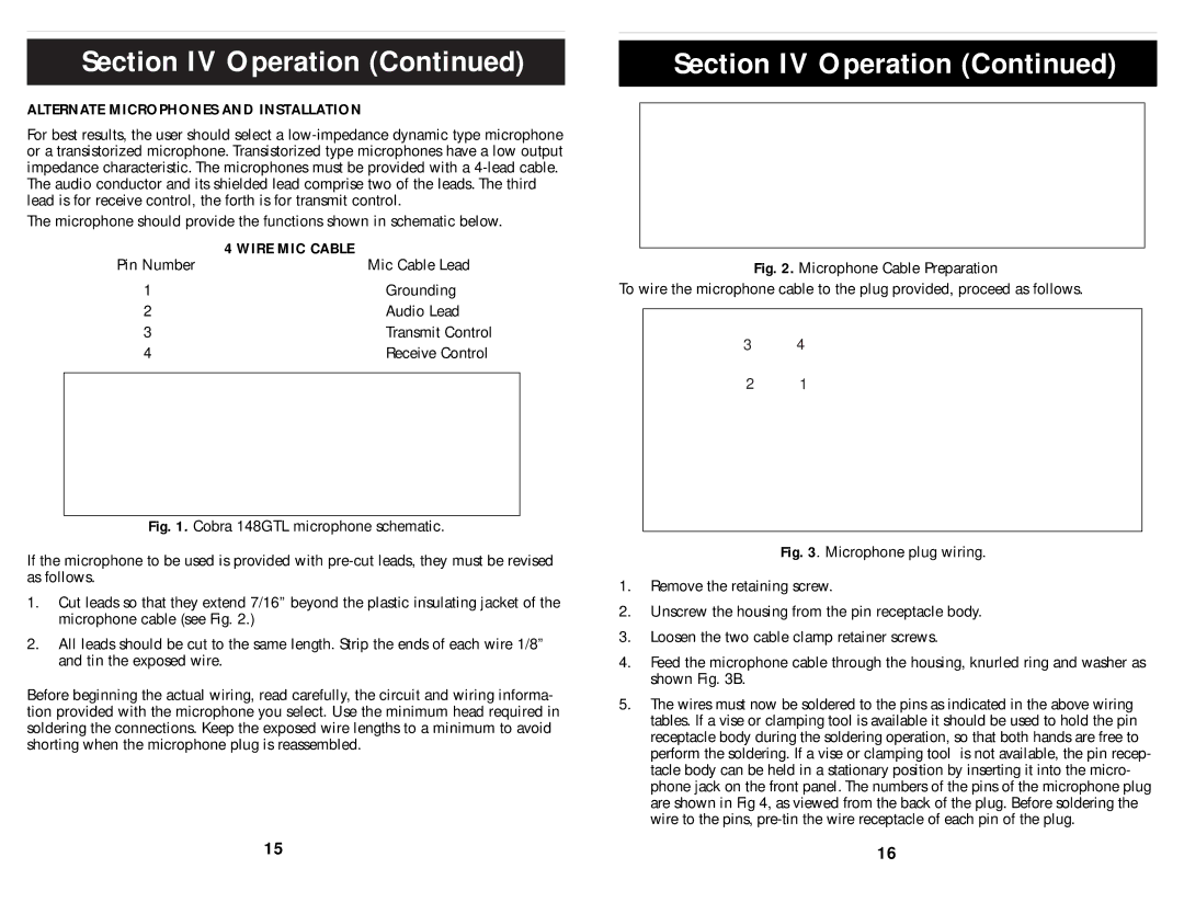 Cobra Electronics 148 GTL operating instructions Alternate Microphones and Installation, Wire MIC Cable 