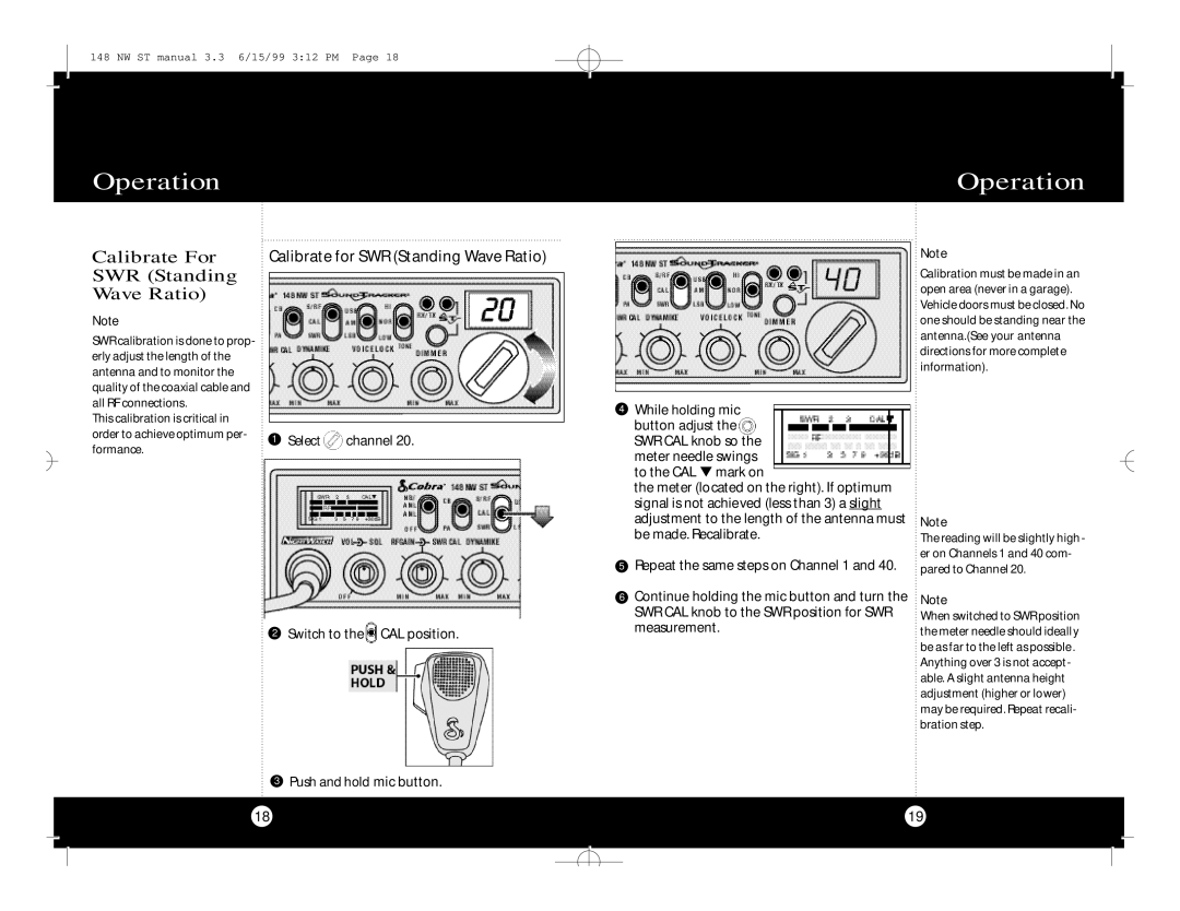 Cobra Electronics 148 NW ST specifications Calibrate For SWR Standing Wave Ratio, Calibrate for SWR Standing Wave Ratio 