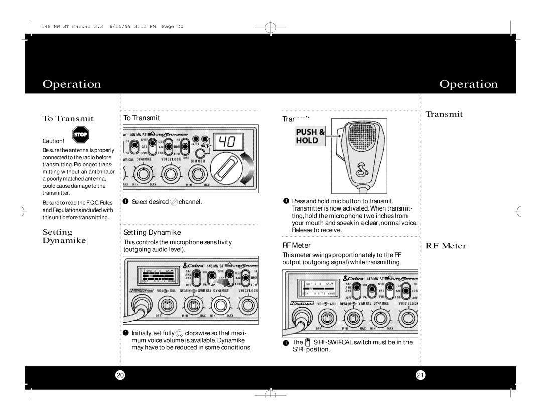 Cobra Electronics 148 NW ST specifications Transmit, RF Meter 