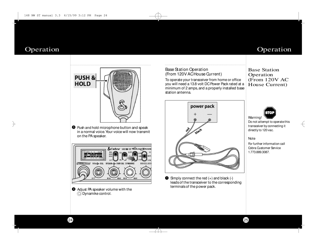 Cobra Electronics 148 NW ST specifications Base Station Operation From 120V AC House Current 