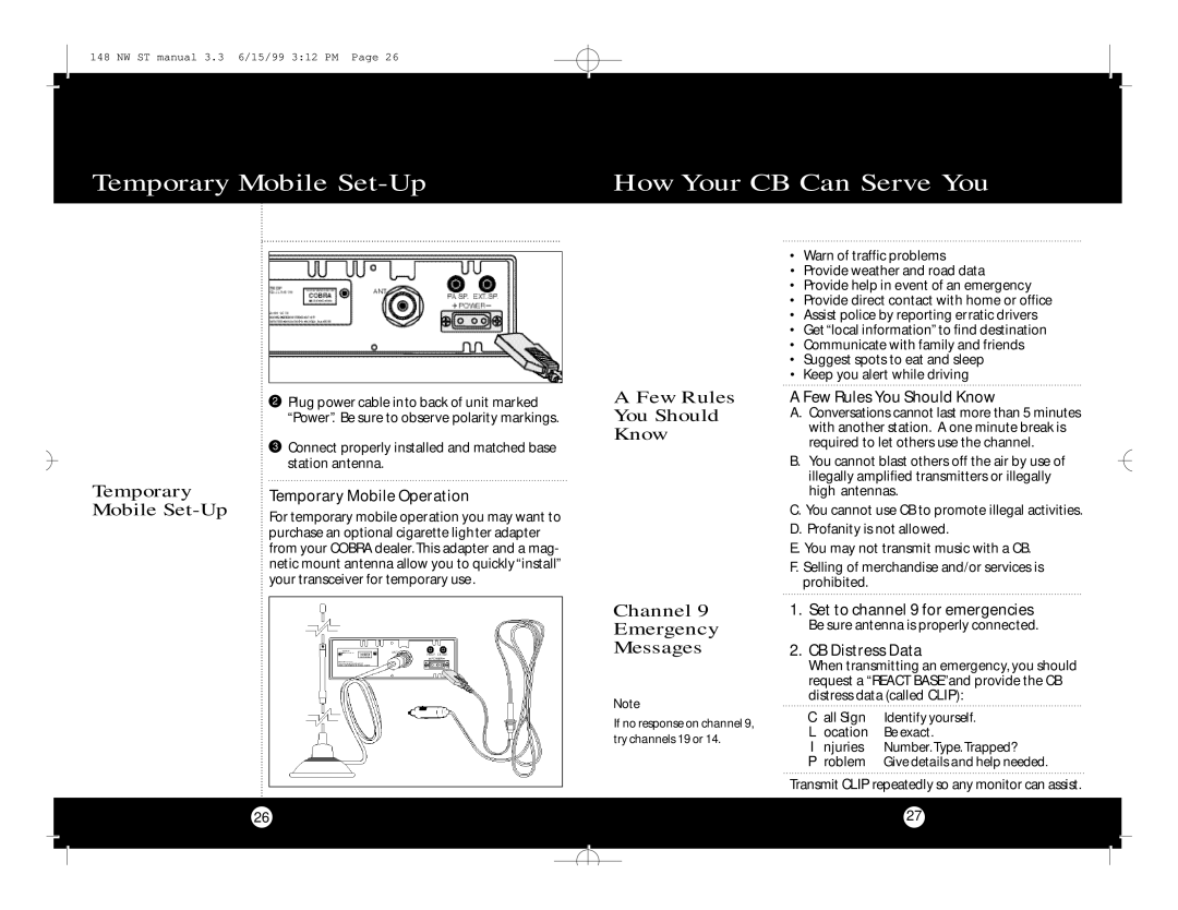 Cobra Electronics 148 NW ST specifications Temporary Mobile Set-Up How Your CB Can Serve You, Few Rules You Should Know 