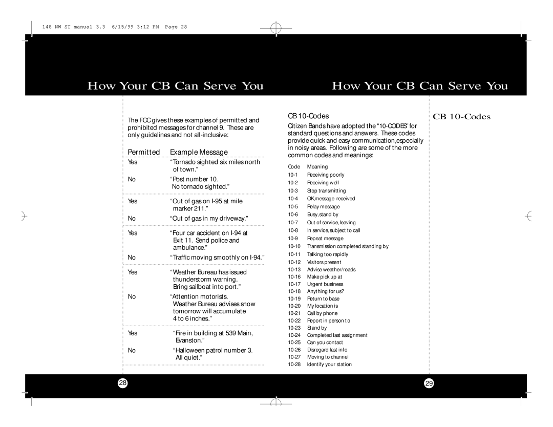 Cobra Electronics 148 NW ST specifications Permitted Example Message, CB 10-Codes 