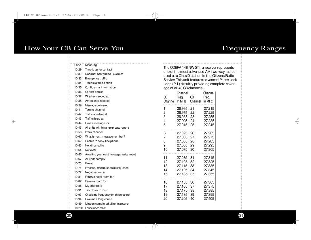 Cobra Electronics 148 NW ST specifications Frequency Ranges 