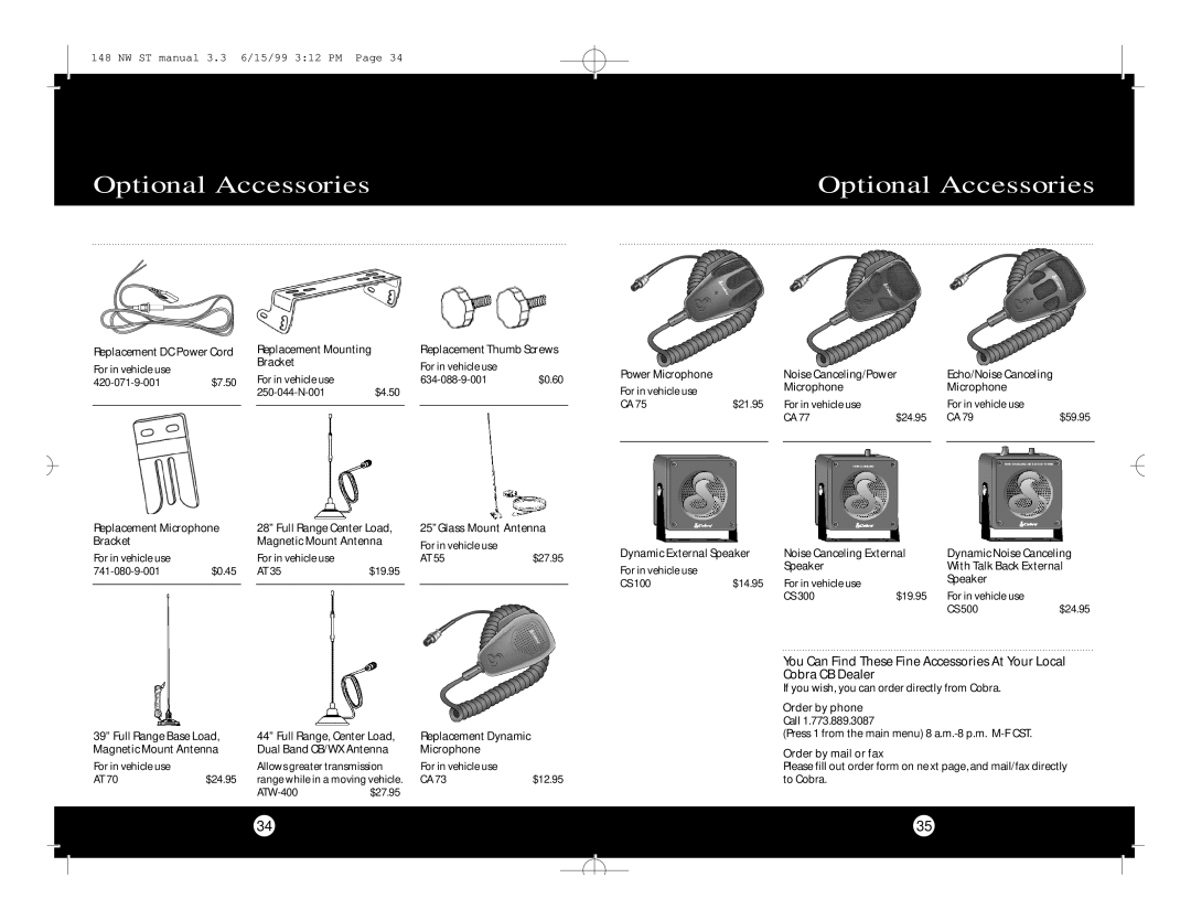 Cobra Electronics 148 NW ST specifications Optional Accessories, Order by mail or fax 