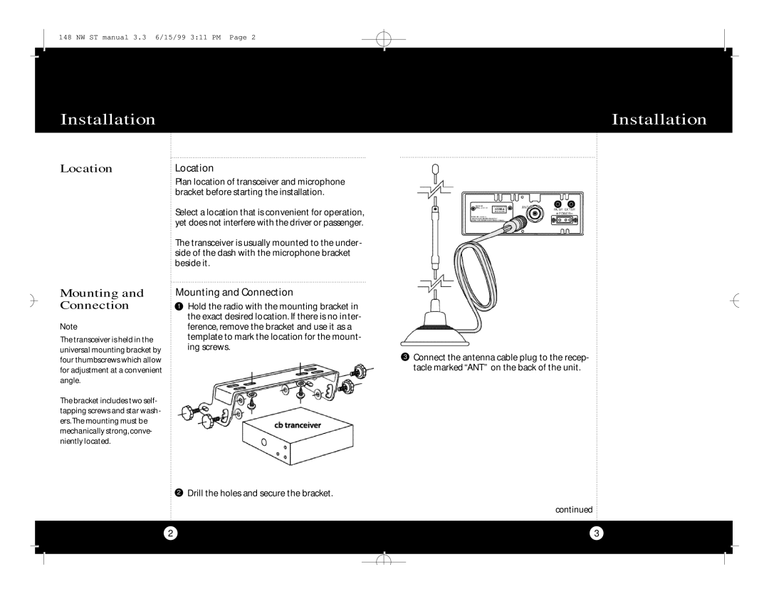 Cobra Electronics 148 NW ST specifications Installation, LocationLocation, Mounting and Connection 