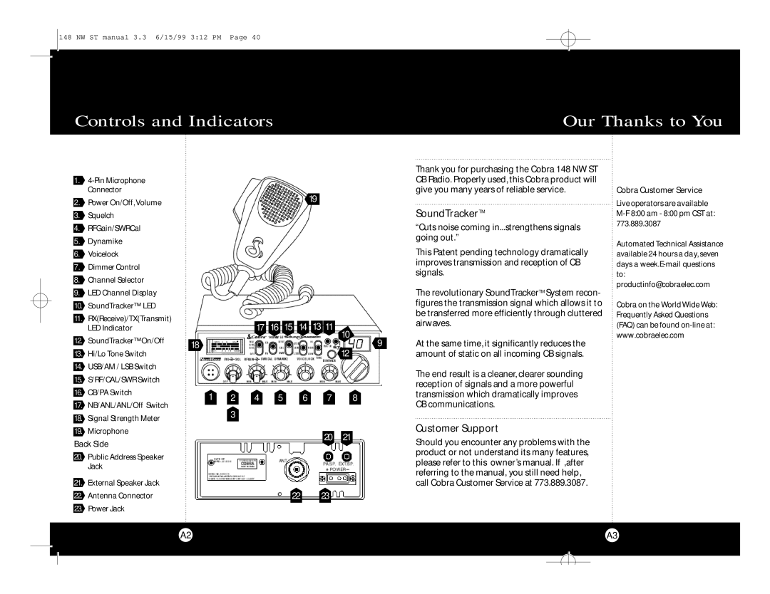 Cobra Electronics 148 NW ST specifications Controls and Indicators Our Thanks to You, SoundTrackerTM 